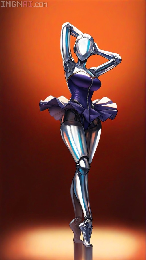 A full-body digital illustration of a faceless female android with chrome metal skin and visible mechanical joints, wearing a purple bodice and pleated skirt while posing en pointe in a ballet stance against an orange gradient background.