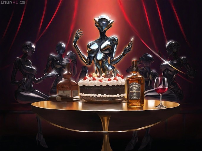 A central chrome robot girl stands behind a chocolate strawberry cake on a round table surrounded by four dark metal robots drinking wine and whiskey.
