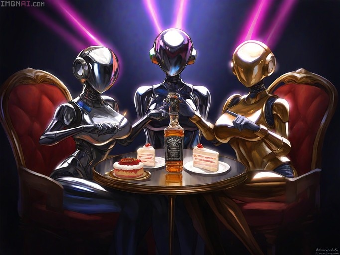 Three faceless humanoid robots with metallic bodies in silver, dark blue, and gold sit around a round table sharing slices of cake and a bottle of whiskey under purple spotlights.