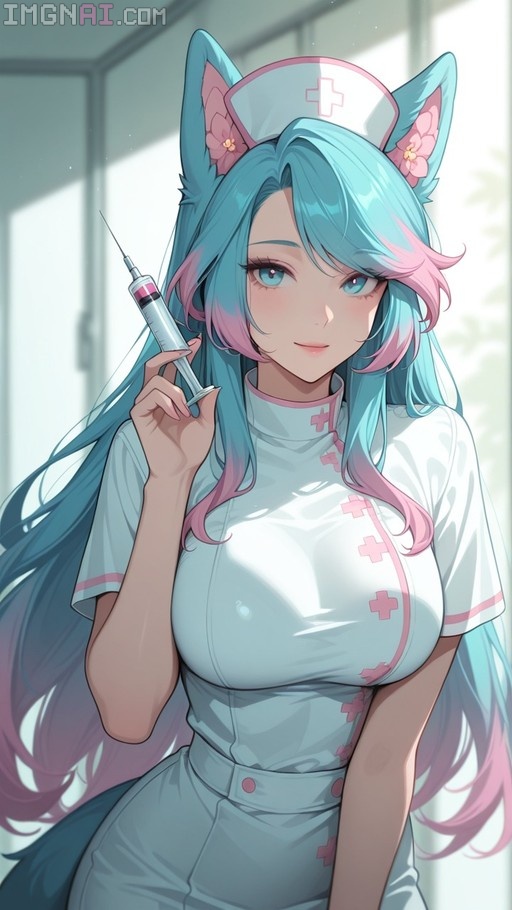 Anime girl with blue hair and wolf ears wearing a nurse outfit holding a syringe