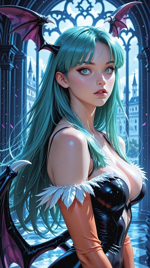 Morrigan Aensland with long teal hair and bat wings wearing a black outfit with white feathers against a gothic background.