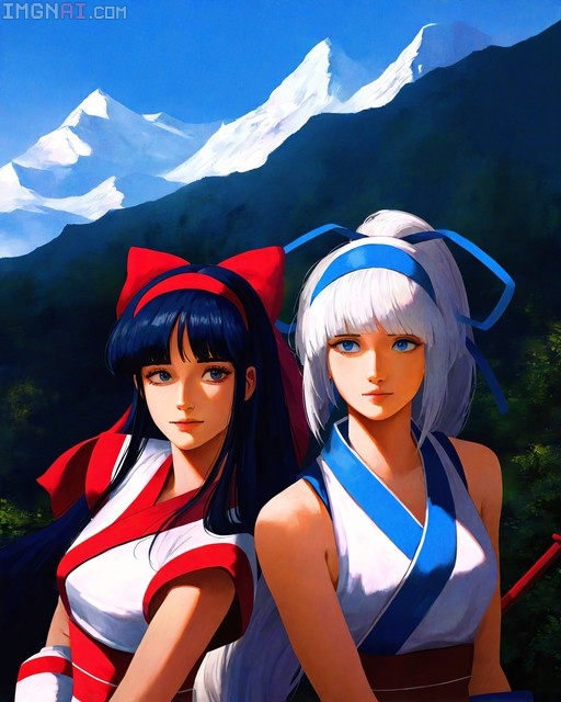 Retro 1980s airbrushed illustration of Nakoruru and Majikina Mina standing side-by-side in traditional red and blue outfits against a snowy mountain backdrop.