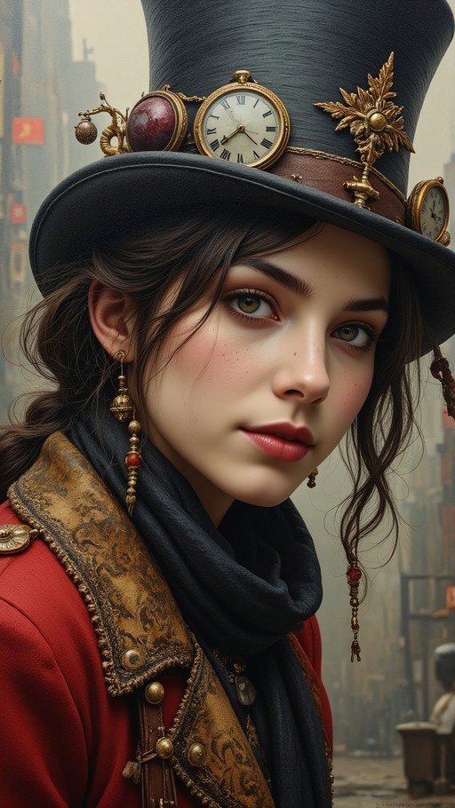 A close-up portrait of a young woman with brown hair and freckles wearing a black top hat decorated with a clock and gold filigree, paired with a red coat and dark scarf.