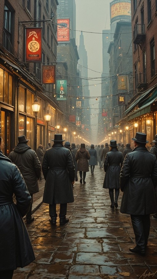 A crowd of people wearing top hats and long coats walks away down a wet, foggy cobblestone street lined with brick buildings and hanging signs.