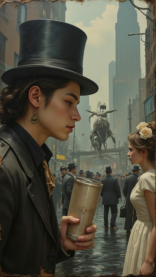 A man wearing a black top hat and holding a metal cup stands beside a woman with flowers in her hair, set against a painterly cityscape background featuring a large creature on a bridge.
