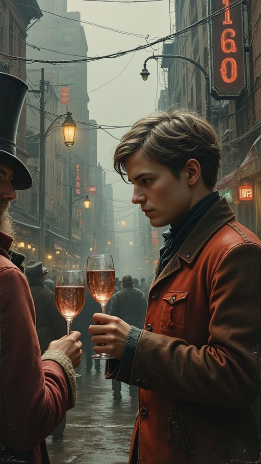 Two men clinking glasses of sparkling wine on a foggy city street, one wearing a top hat and the other a brown coat.