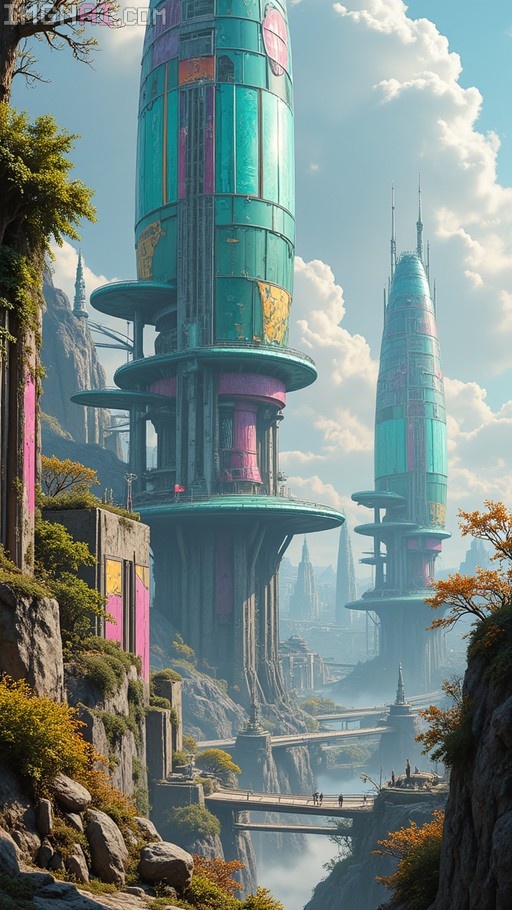 A digital painting of a futuristic cityscape featuring colossal teal and magenta towers inspired by Eastern Bloc architecture. The massive structures rise into a cloudy blue sky, connected by sky-bridges, while lush greenery and rocky cliffs frame the foreground in this vibrant sci-fi scene.
