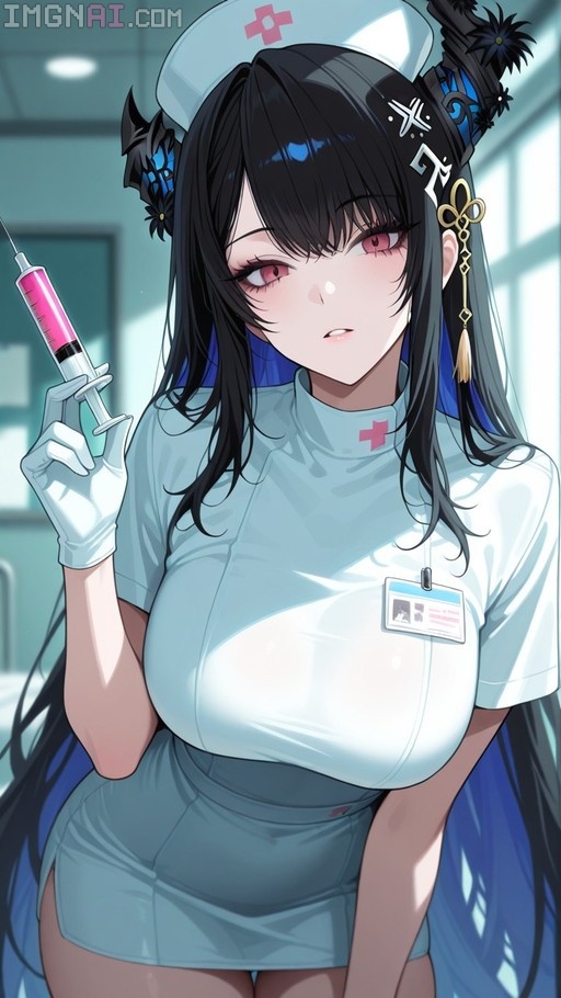 Digital illustration of Hololive's Nerissa Ravencroft in a nurse uniform holding a pink syringe.