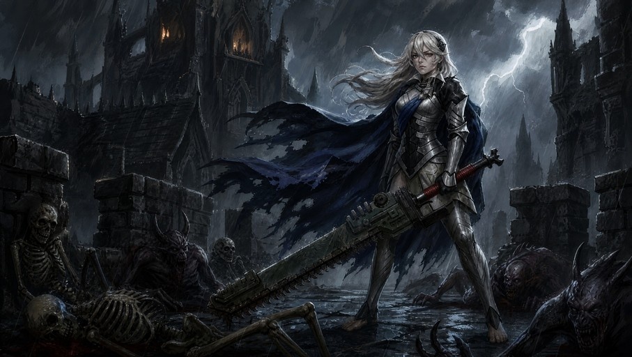 Corrin from Fire Emblem stands in silver armor with a blue cape holding a large chainsaw sword amidst ruined gothic architecture and defeated skeletons.