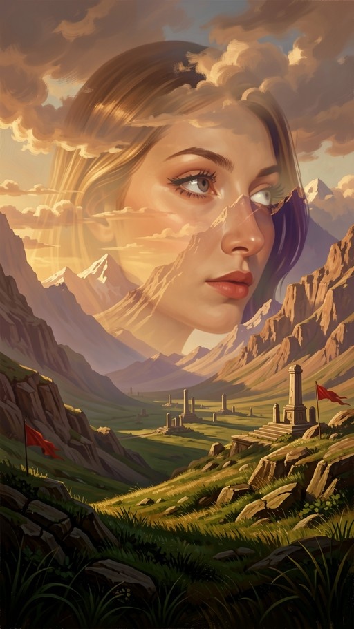 A large translucent female face looks out over a green mountain valley with ancient ruins and red flags under a cloudy sky.