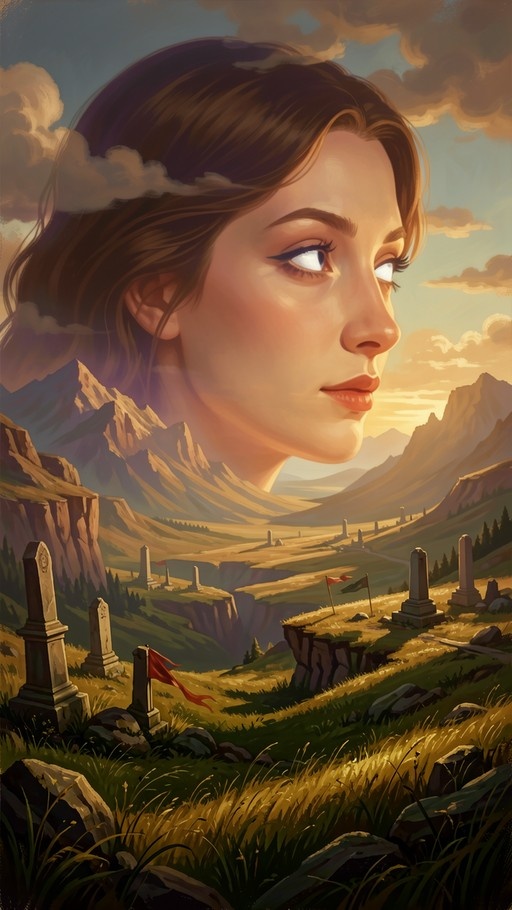 A giant woman with brown hair and glowing white eyes looks out over a grassy mountain valley filled with stone pillars and red flags.