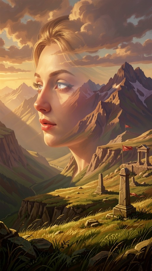 A giant blonde woman's face looms over a mountainous landscape with grassy slopes and ancient stone monuments under a cloudy sky.