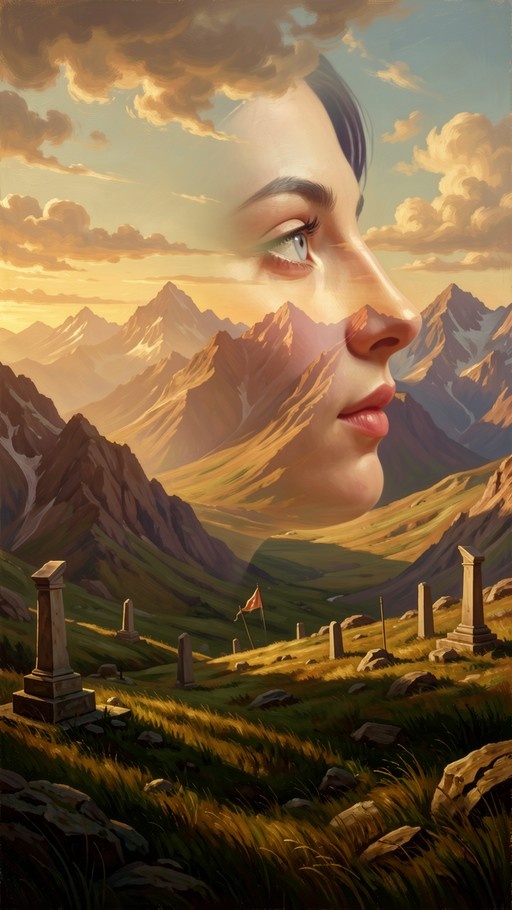 A surreal digital painting of a giant woman's face superimposed over a mountain landscape with stone pillars.