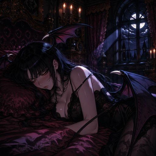 Morrigan Aensland lying on a bed with large bat wings in a gothic bedroom lit by candles and moonlight.