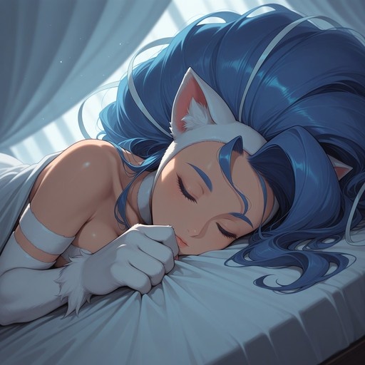 Digital illustration of Felicia from Darkstalkers with blue hair and white cat ears sleeping on a bed in sunlight.