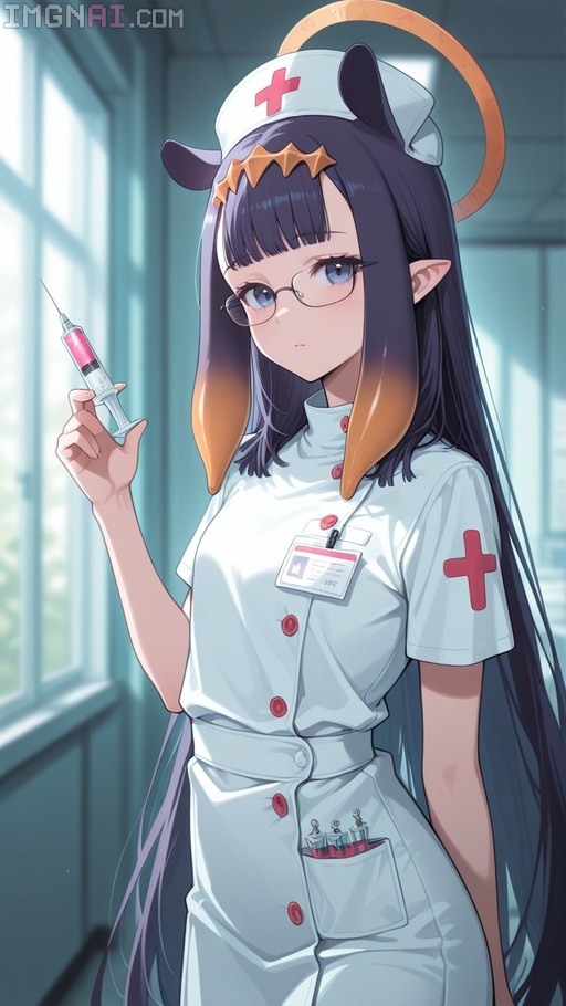 Ninomae Ina'nis in a white nurse uniform holding a syringe, wearing glasses and a nurse cap with a red cross.