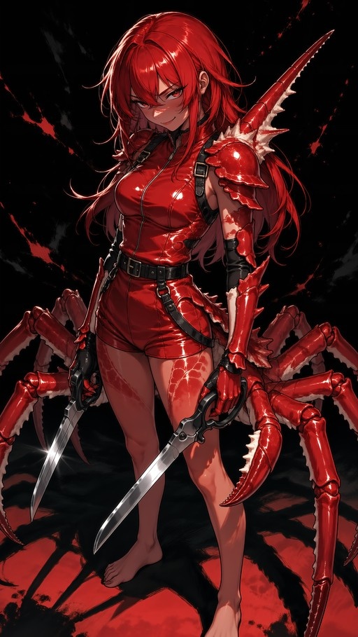 A full-body illustration of a red-haired monster girl resembling Mrs. Krabs, wearing shiny red armor and holding two large blades, with multiple crab legs surrounding her lower body.