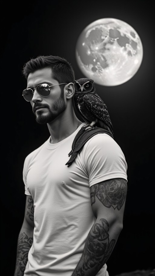 A black and white image of a muscular man with tattoos and sunglasses standing under a large full moon with an owl perched on his shoulder.