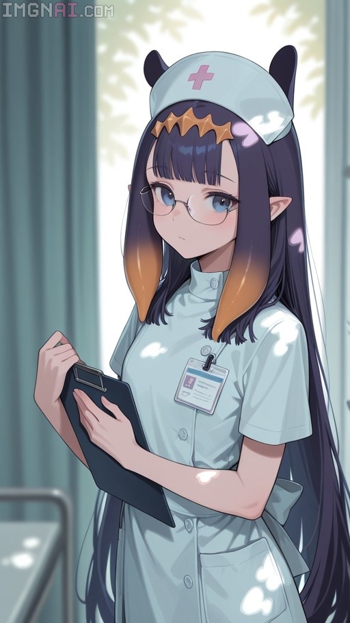 Ninomae Ina'nis in a light blue nurse uniform holding a clipboard.