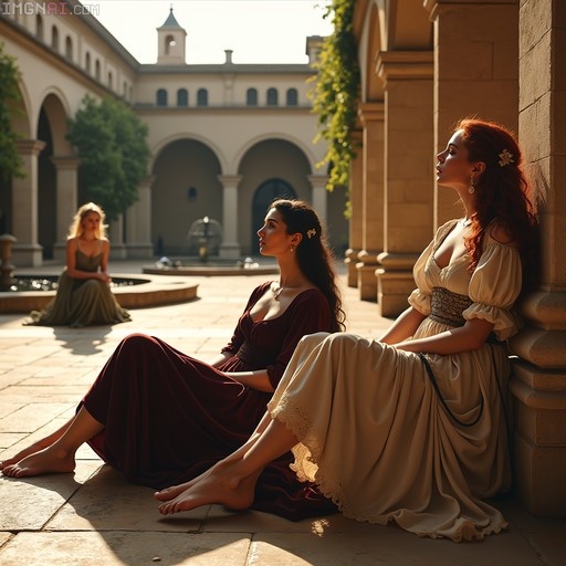 Three barefoot women in historical gowns resting in a sunlit courtyard with Moorish arches and a fountain.