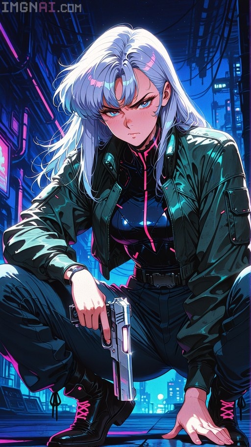 A white-haired woman in a dark jacket squats in a neon-lit cyberpunk alley, holding a silver futuristic pistol pointed down while looking at the viewer.