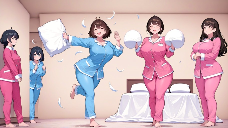 Five anime girls in pink and blue pajamas having a pillow fight in a bedroom with feathers floating around.