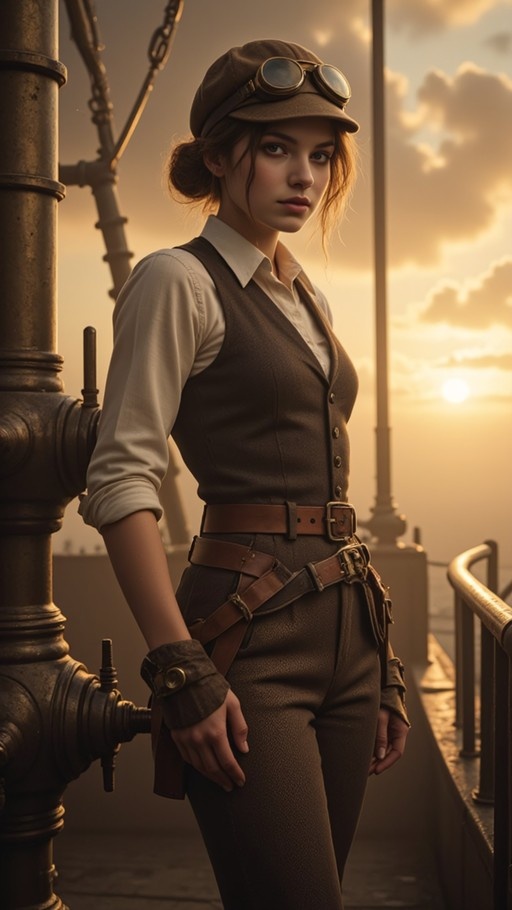 A young woman with brown hair in a bun wearing a brown cap with goggles, a white shirt, a dark vest, and a leather utility belt stands next to industrial pipes on a ship deck during a golden sunset.