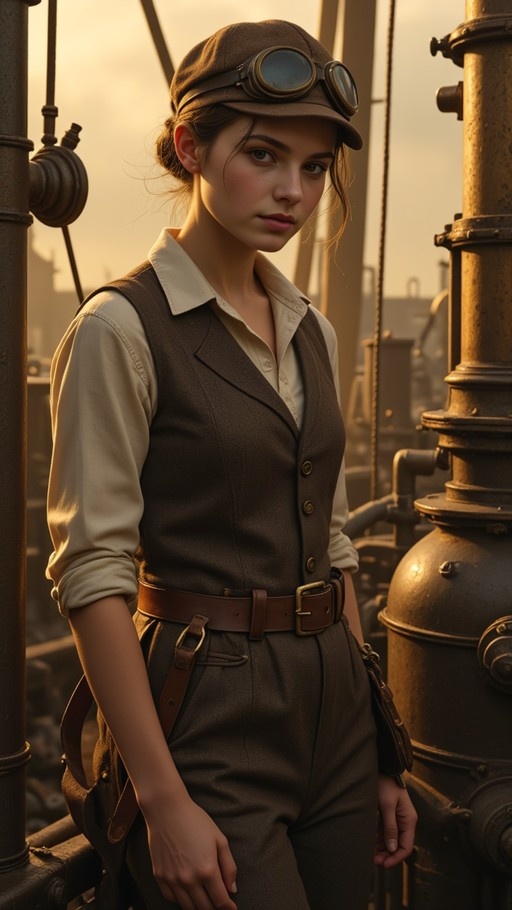 A young woman wearing a brown cap with goggles and a matching vest stands confidently among large metal pipes in an industrial setting.
