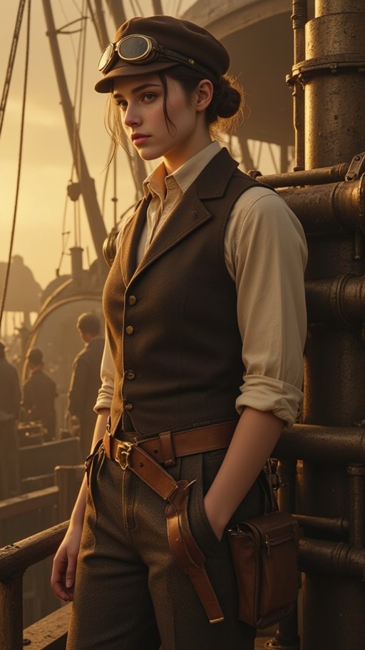 A young woman in steampunk attire with goggles on her hat stands on a ship deck at sunset, wearing a brown vest and trousers.