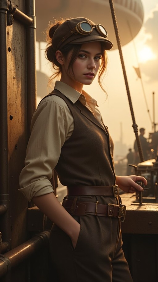 A young woman in a brown aviator outfit with goggles on her hat stands on an airship deck looking at the camera.