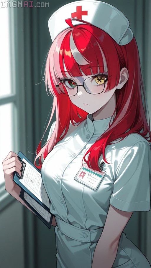 Kureiji Ollie wearing a white nurse's cap and uniform with glasses, holding a clipboard.
