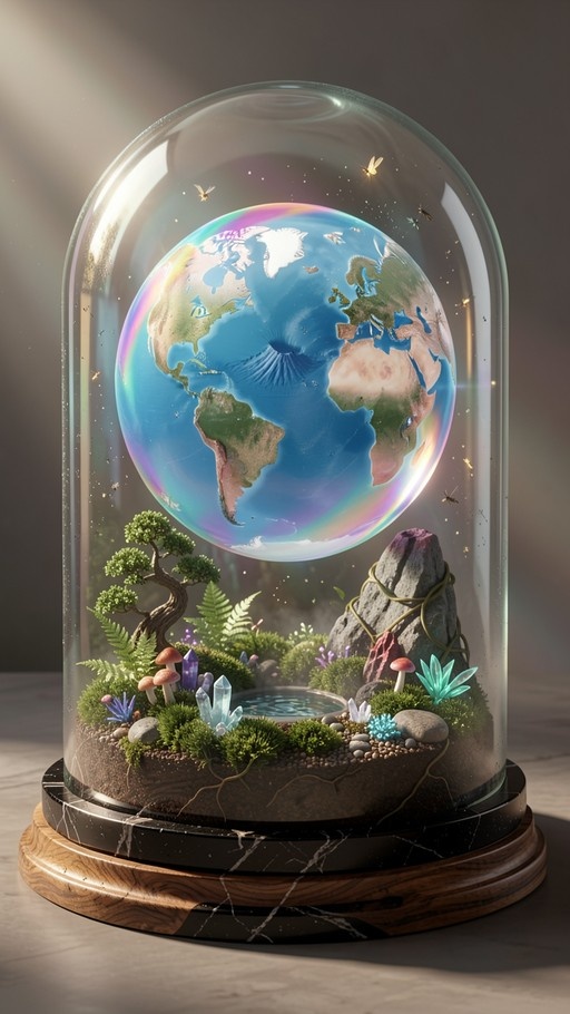 A glass terrarium containing a miniature mossy landscape with mushrooms and crystals, topped by a glowing, rainbow-colored floating globe of Earth.