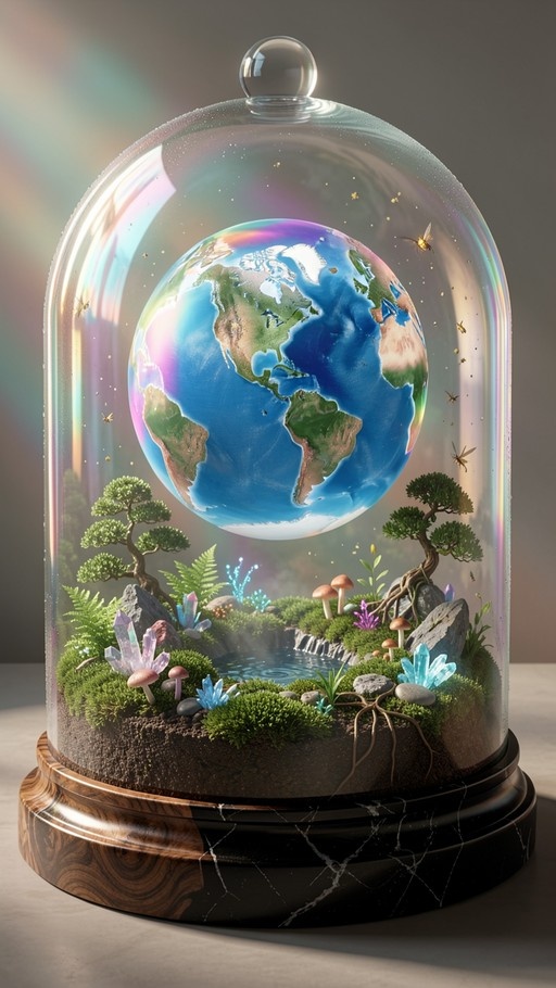 A glass terrarium containing a floating globe of Earth surrounded by moss, mushrooms, and glowing crystals under iridescent lighting.