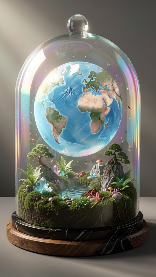 A glass terrarium dome sits on a marble base, enclosing a miniature world where a globe of Earth floats above a mossy landscape filled with trees, crystals, and mushrooms.