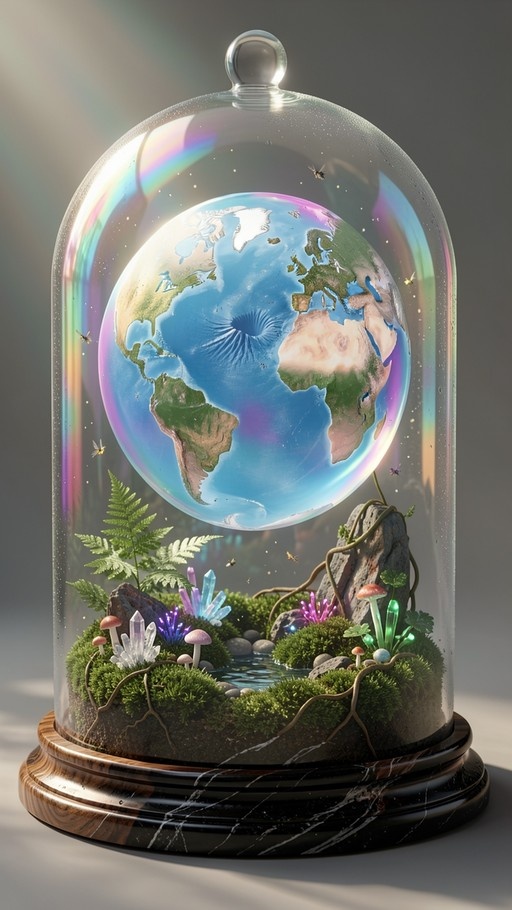 A glass terrarium filled with a miniature mossy landscape featuring glowing crystals and mushrooms, with a floating globe of Earth suspended inside.
