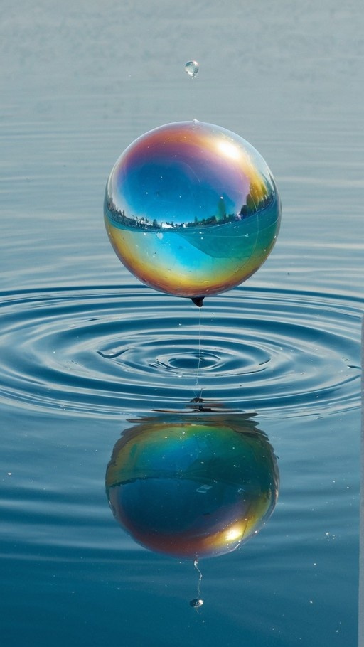 A large iridescent soap bubble floats over rippling blue water with a clear reflection below.