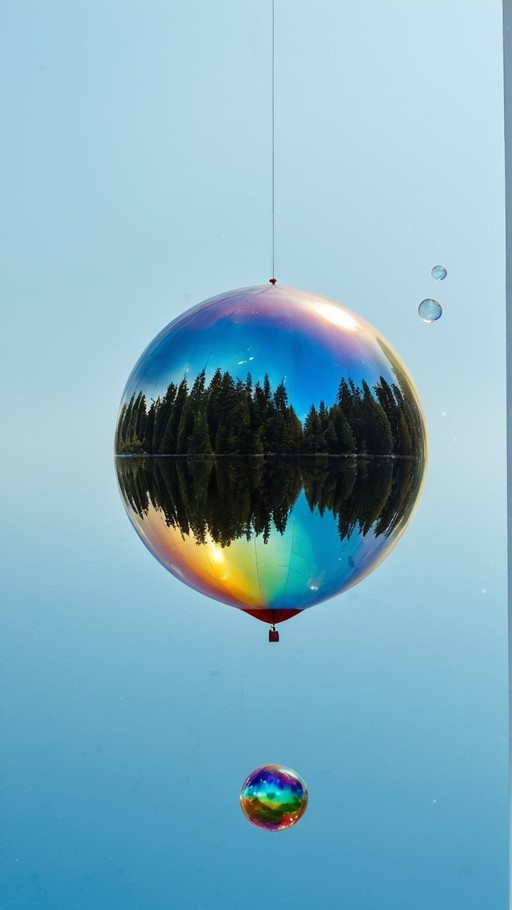 A large shiny sphere hanging in a blue sky reflects a forest and water scene, with smaller bubbles floating nearby.