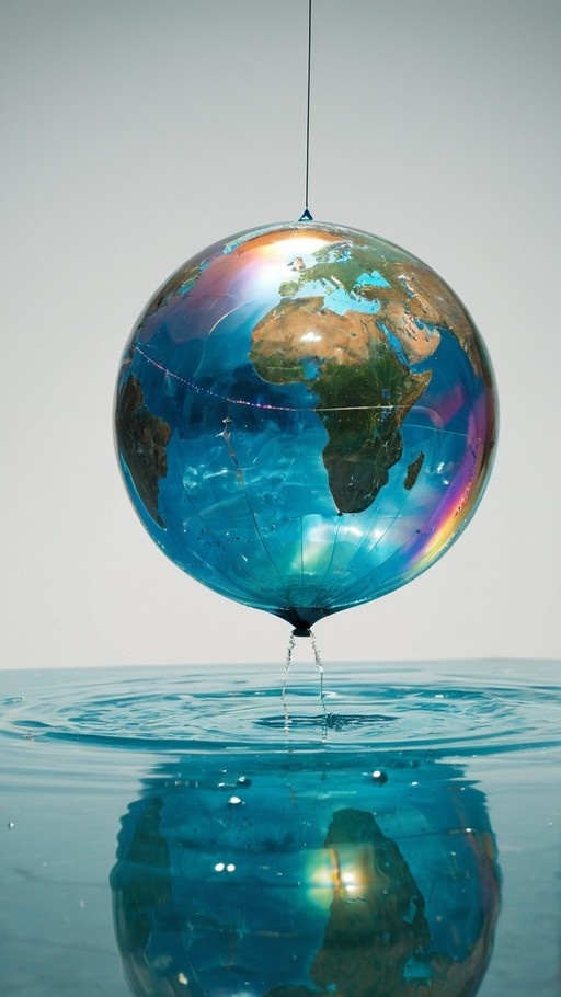 A translucent glass globe of Earth hangs by a string and drips water into a pool below, creating ripples and an iridescent reflection on the surface.