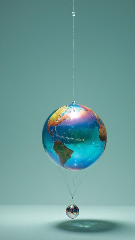 A large translucent globe resembling Earth hangs by thin strings from above, connected to a smaller matching sphere below against a plain teal background.