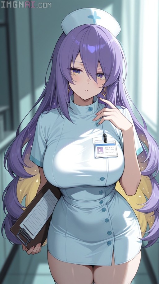 Moona Hoshinova wearing a light blue nurse uniform and cap, holding a clipboard.