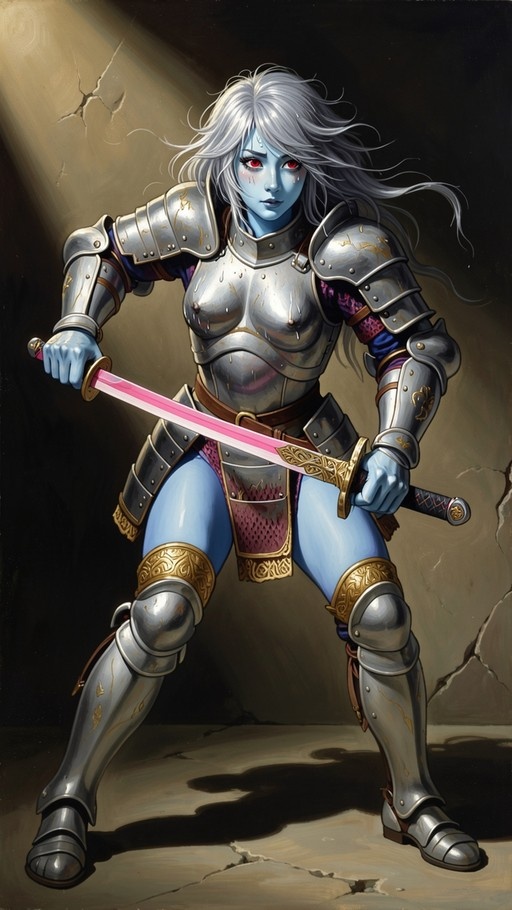 Blue-skinned female warrior with white hair and red eyes wearing silver armor and holding a glowing pink sword in a stone dungeon