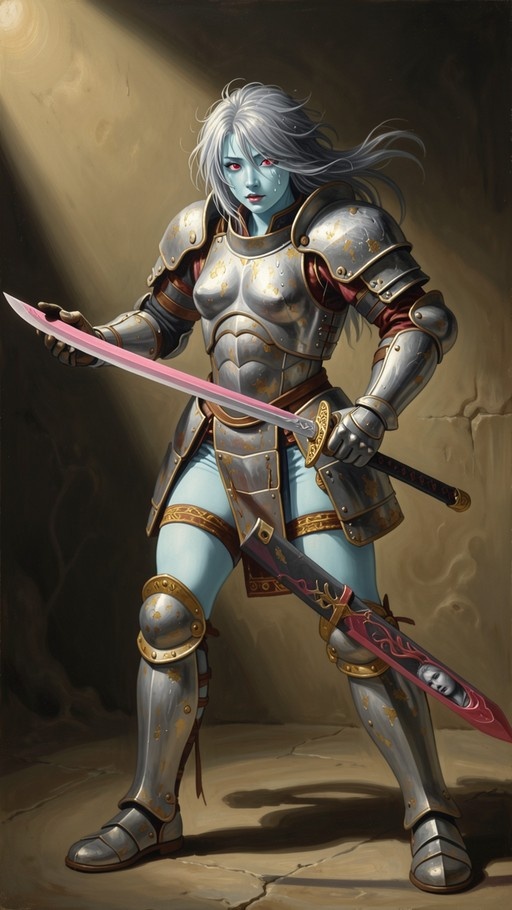 A blue-skinned female warrior with long white hair and red eyes stands in full silver plate armor holding a sword, with another weapon sheathed at her hip against a stone background.