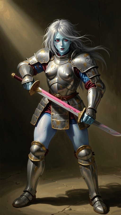 A full-body digital painting of a blue-skinned female warrior with long white hair and red eyes, wearing silver plate armor with gold accents and holding a sword with a pink blade.