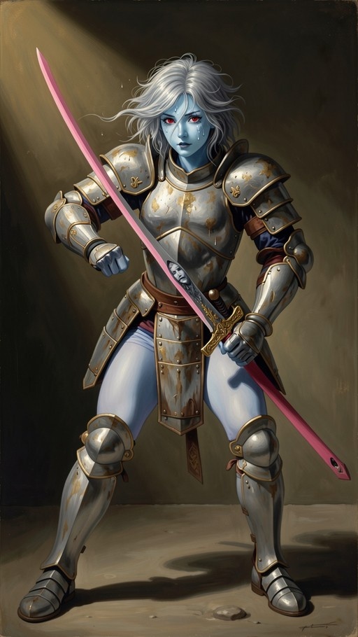 A blue-skinned female warrior with white hair and red eyes stands in full silver plate armor, holding a long sword with a pink blade. She looks intensely at the viewer with tears on her face.