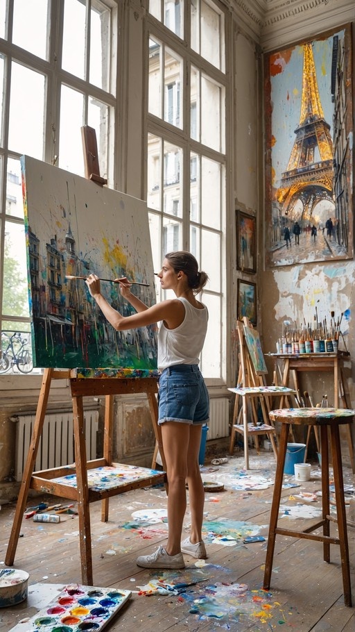 A young woman stands at an easel painting a colorful cityscape in a sunlit art studio, with a large Eiffel Tower painting visible on the wall behind her.