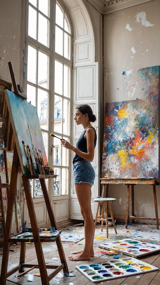 A side profile view of a young woman with dark hair in a bun, wearing a black tank top and denim shorts, standing barefoot and painting on an easel in a sunlit art studio filled with colorful canvases.