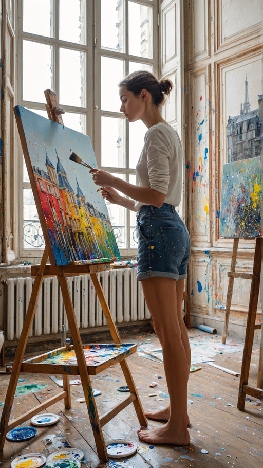 A barefoot woman in a white shirt and denim shorts stands at an easel painting a colorful cityscape in a sunlit art studio.