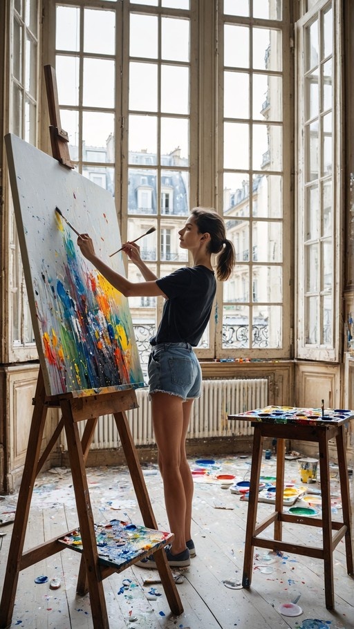 A young woman in a black shirt and denim shorts stands at an easel painting a colorful abstract piece on canvas in a sunlit studio with large windows.