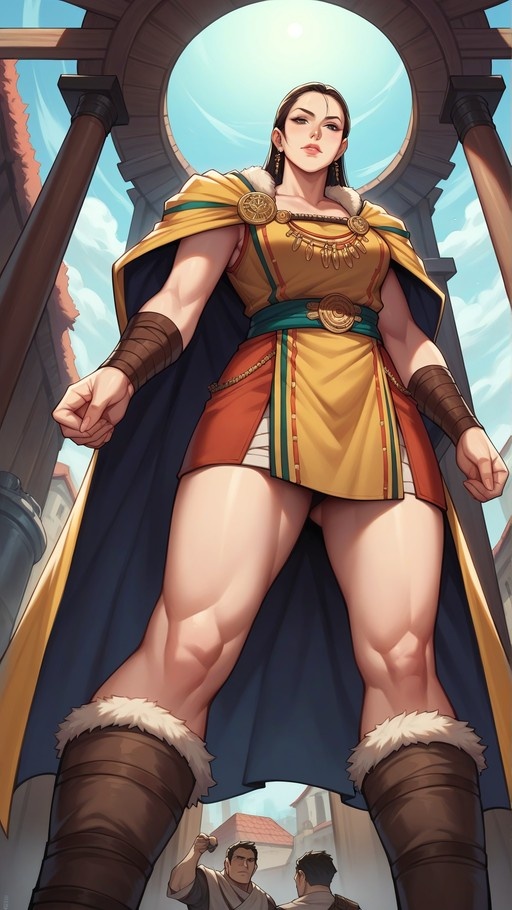 A low-angle view of a giant muscular woman with dark hair wearing a yellow tunic and blue fur-trimmed cape standing under an archway while two men look up at her.
