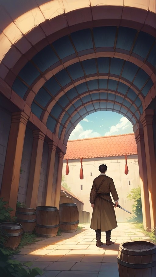 A man in a brown coat stands under a stone archway holding a sword, looking out at a sunny courtyard with wooden barrels nearby.